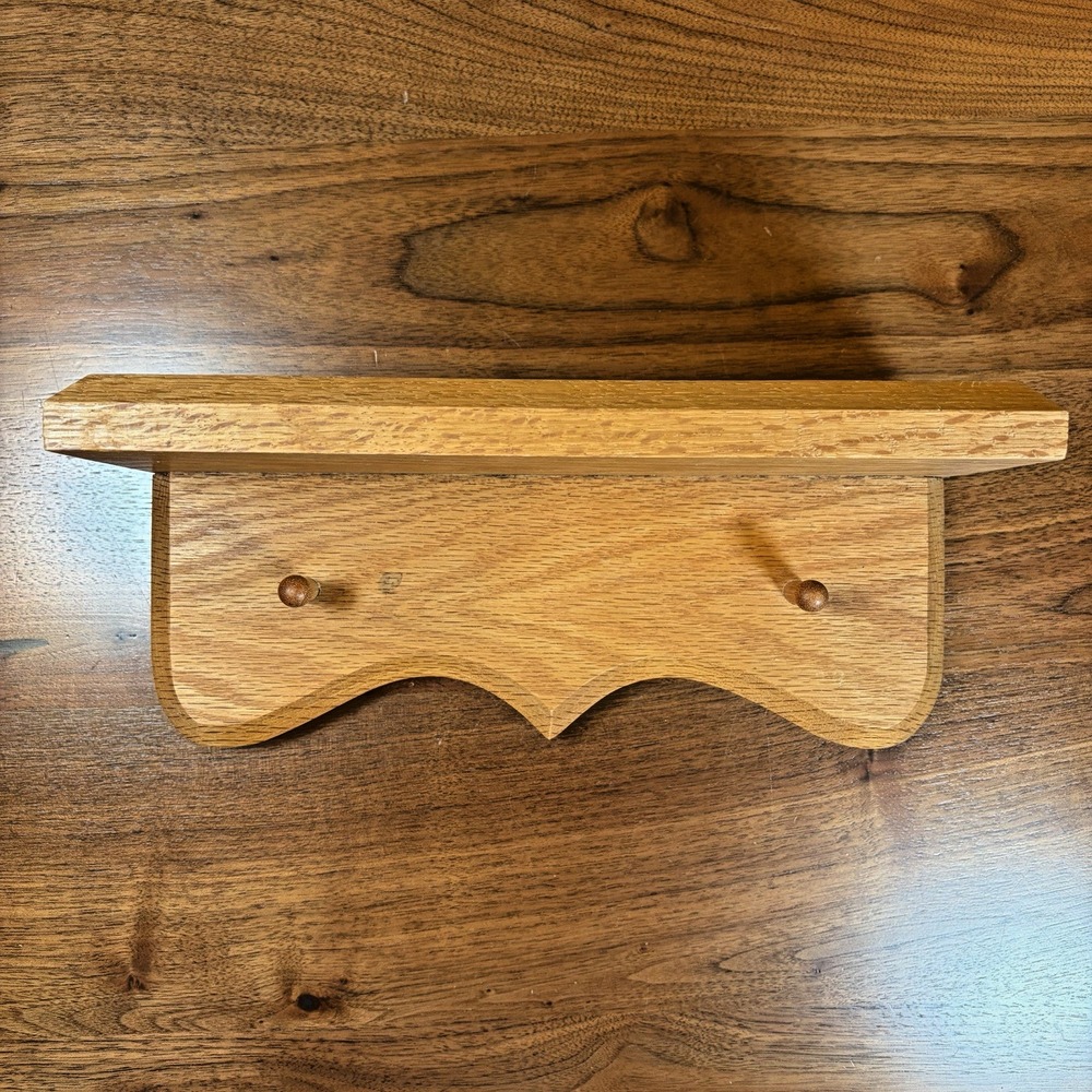 Solid Oak Wood Wall Shelf 2 Pegs Hooks Country Key Rack 12" Grandma Cottage Core